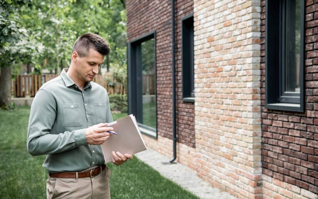 person looking at folder with paperwork standing outside of a house